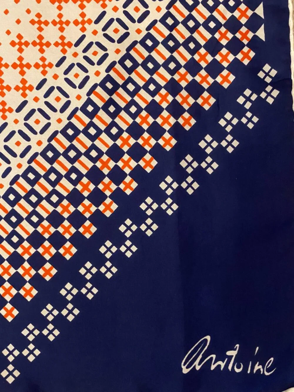 Vintage ANTOINE Long Rectangle Oblong Silk Scarf Navy Blue, Orange / Red, White